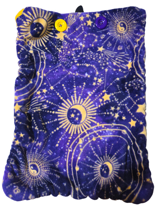 Purple fabric with celestial pattern on a white background